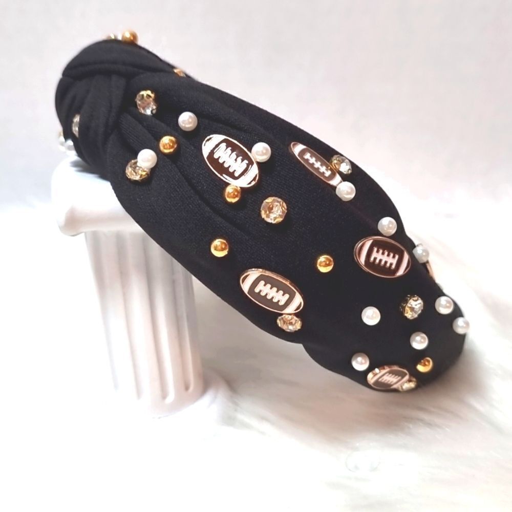 FOOTBALL SPIRIT WIDE BLACK JEWELED HEADBAND